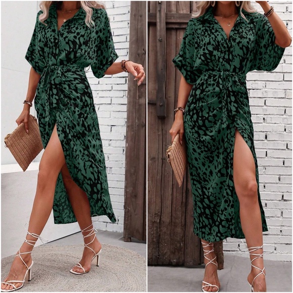 Leopard Print Button up Kimono Sleeve Shirt Dress - Picture 2 of 7